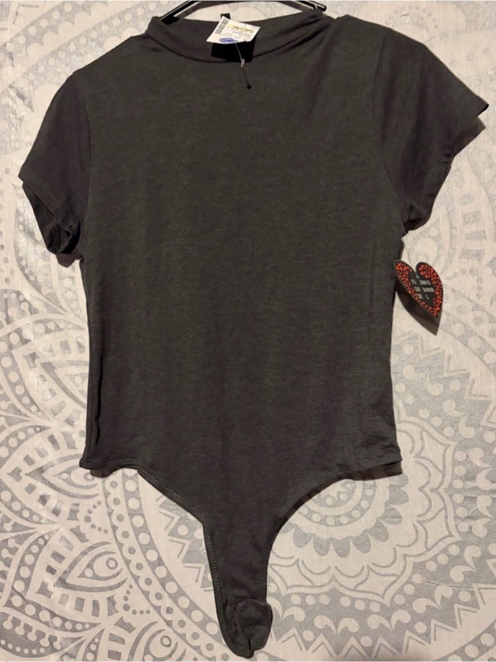 NWT SPLASH Charcoal Grey Mock Neck Short Sleeve Bodysuit | L